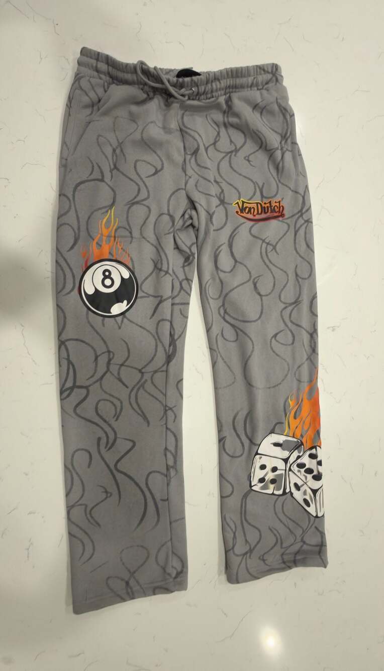 Von Dutch Grey Flame Print Sweatpants with 8 Ball and Dice Graphics Size L